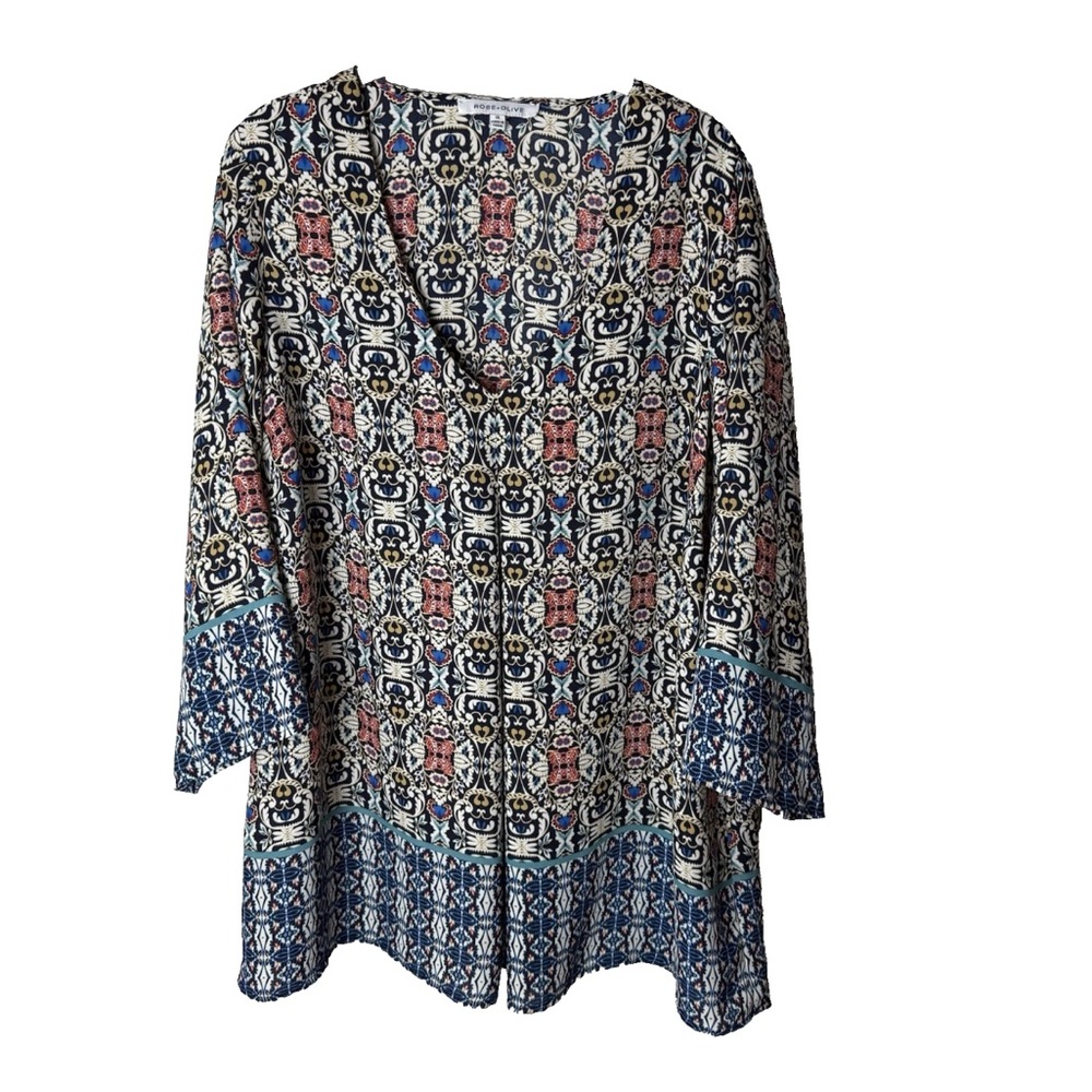 Rose & Olive Tunic Top Plus Size 1X Top 3/4 Sleeves V-Neck Navy Blue Red Tan